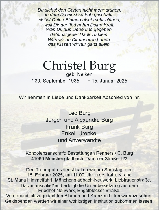 Traueranzeige von Christel Burg von trauer.extra-tipp-moenchengladbach.de