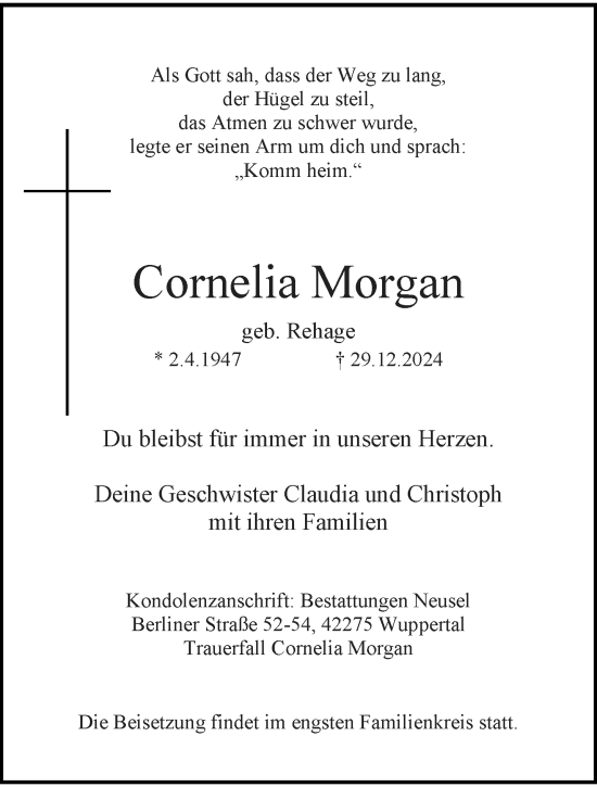 Traueranzeige von Cornelia Morgan von trauer.wuppertaler-rundschau.de