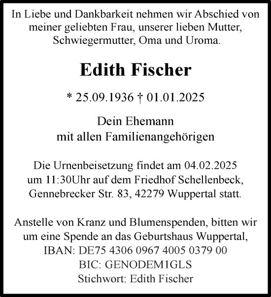 Traueranzeige von Edith Fischer von trauer.wuppertaler-rundschau.de