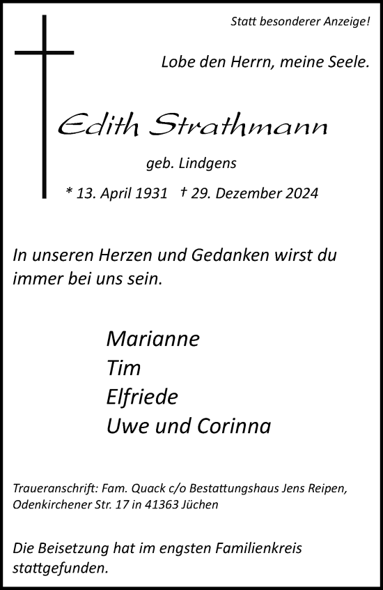 Traueranzeige von Edith Strathmann von trauer.stadt-kurier.de