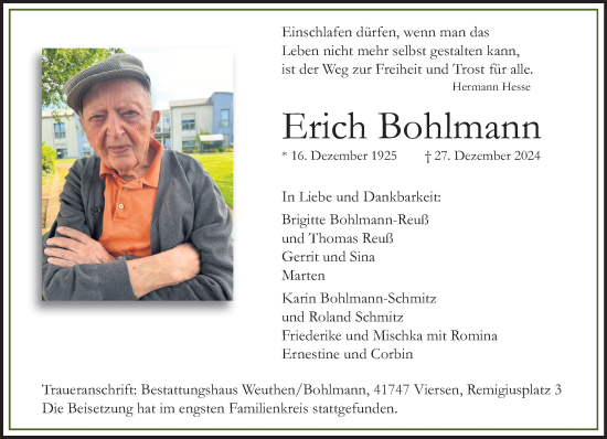 Traueranzeige von Erich Bohlmann von trauer.extra-tipp-moenchengladbach.de