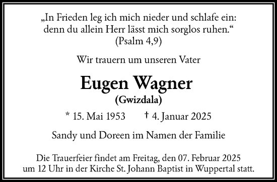 Traueranzeige von Eugen Wagner von trauer.wuppertaler-rundschau.de