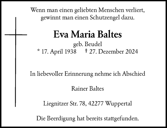 Traueranzeige von Eva Maria Baltes von trauer.wuppertaler-rundschau.de