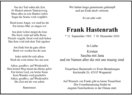 Traueranzeige von Frank Hastenrath von trauer.wuppertaler-rundschau.de