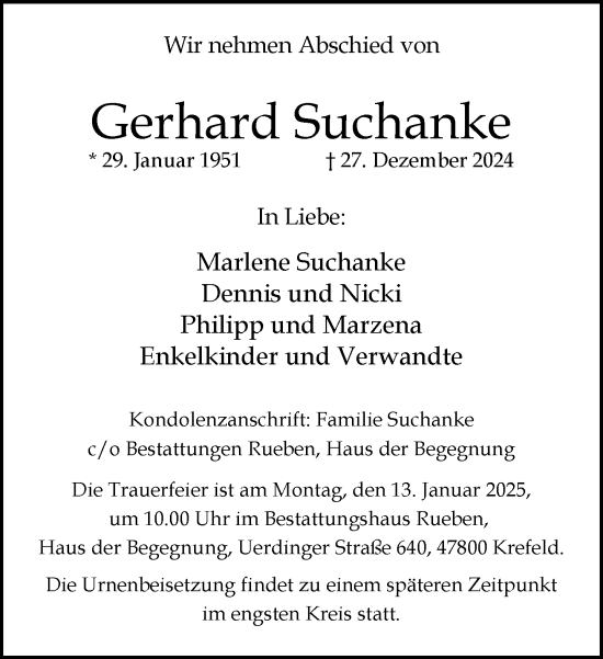 Traueranzeige von Gerhard Suchanke von trauer.extra-tipp-moenchengladbach.de