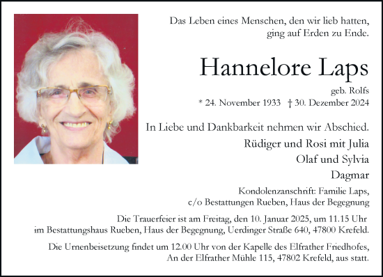 Traueranzeige von Hannelore Laps von trauer.extra-tipp-moenchengladbach.de