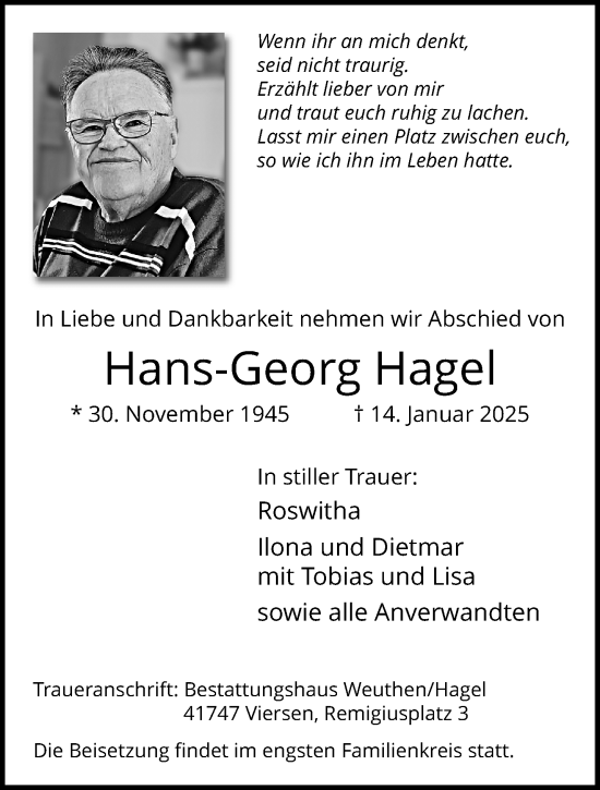 Traueranzeige von Hans-Georg Hagel von trauer.extra-tipp-moenchengladbach.de