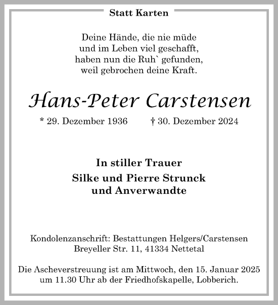 Traueranzeige von Hans-Peter Carstensen von trauer.extra-tipp-moenchengladbach.de