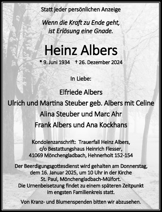 Traueranzeige von Heinz Albers von trauer.extra-tipp-moenchengladbach.de