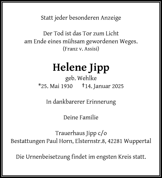 Traueranzeige von Helene Jipp von trauer.wuppertaler-rundschau.de