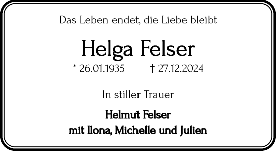 Traueranzeige von Helga Felser von trauer.extra-tipp-moenchengladbach.de