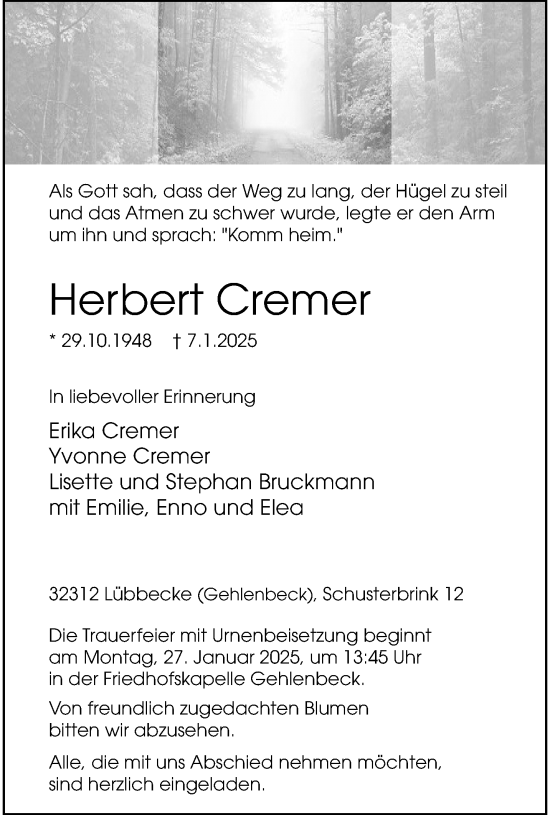 Traueranzeige von Herbert Cremer von trauer.extra-tipp-moenchengladbach.de