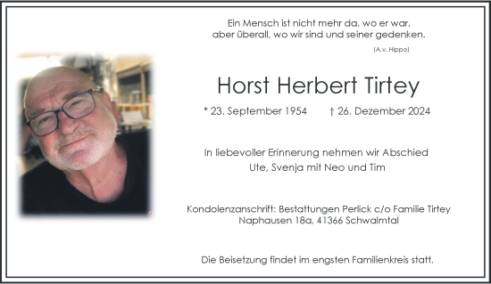 Traueranzeige von Horst Herbert Tirtey von trauer.extra-tipp-moenchengladbach.de