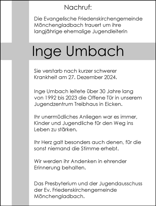 Traueranzeige von Inge Umbach von trauer.extra-tipp-moenchengladbach.de