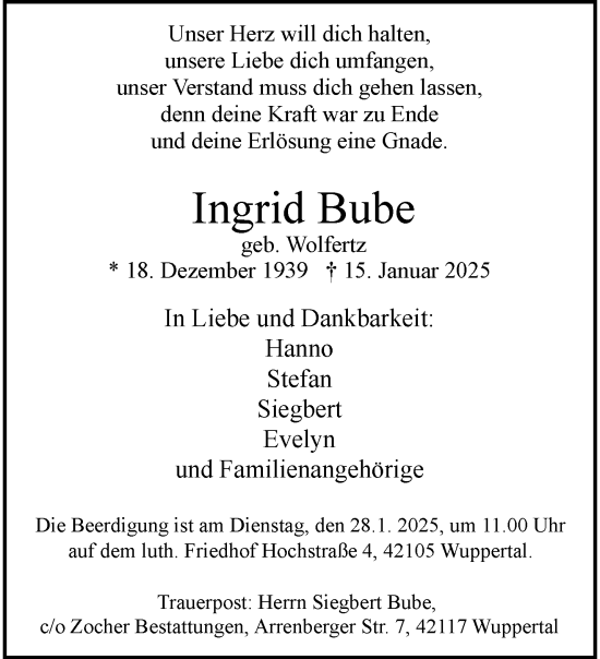 Traueranzeige von Ingrid Bube von trauer.wuppertaler-rundschau.de