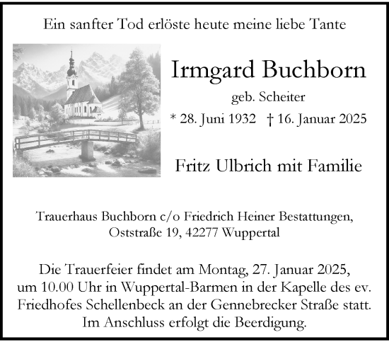 Traueranzeige von Irmgard Buchborn von trauer.wuppertaler-rundschau.de