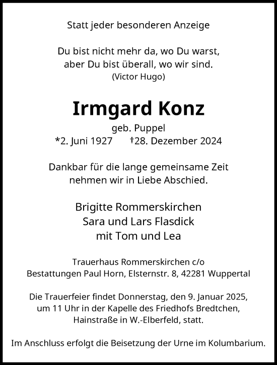 Traueranzeige von Irmgard Konz von trauer.wuppertaler-rundschau.de