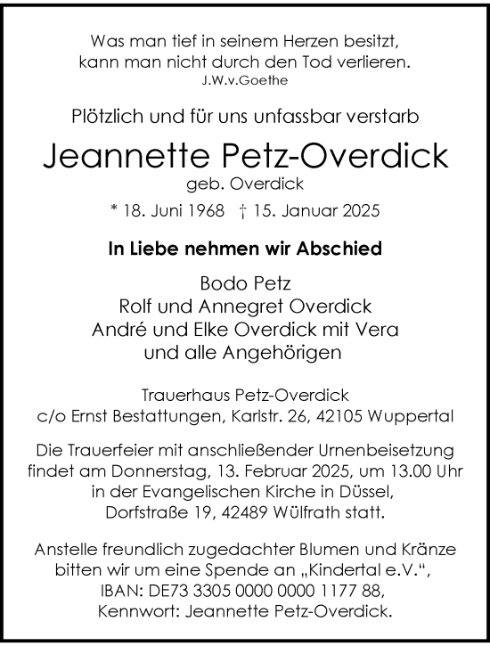 Traueranzeige von Jeannette Petz-Overdick von trauer.wuppertaler-rundschau.de