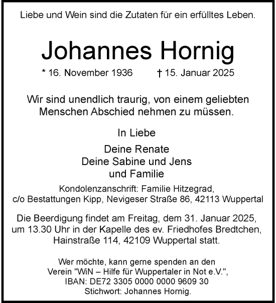 Traueranzeige von Johannes Hornig von trauer.wuppertaler-rundschau.de