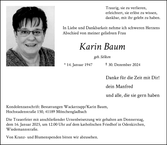 Traueranzeige von Karin Baum von trauer.extra-tipp-moenchengladbach.de