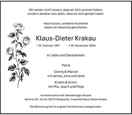 Traueranzeige von Klaus-Dieter Krakau von trauer.wuppertaler-rundschau.de