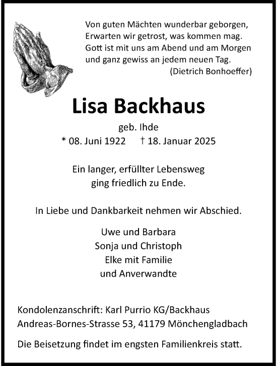 Traueranzeige von Lisa Backhaus von trauer.extra-tipp-moenchengladbach.de