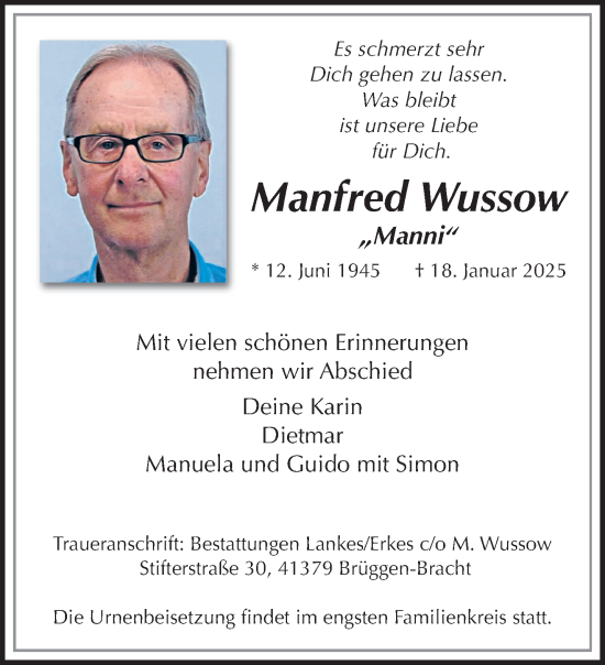 Traueranzeige von Manfred Wussow von trauer.extra-tipp-moenchengladbach.de