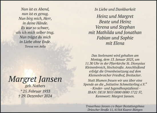 Traueranzeige von Margret Jansen von trauer.extra-tipp-moenchengladbach.de