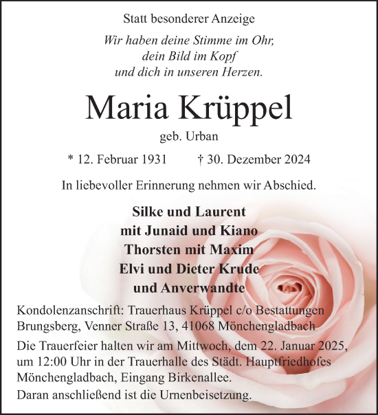 Traueranzeige von Maria Krüppel von trauer.extra-tipp-moenchengladbach.de