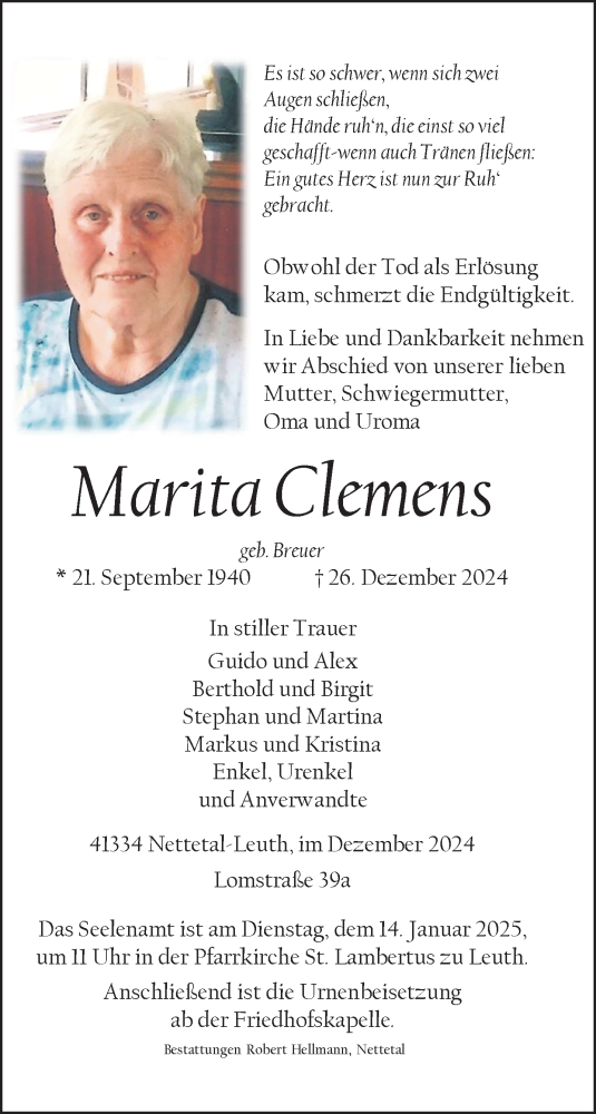 Traueranzeige von Marita Clemens von trauer.extra-tipp-moenchengladbach.de