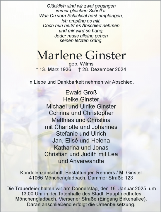 Traueranzeige von Marlene Ginster von trauer.extra-tipp-moenchengladbach.de