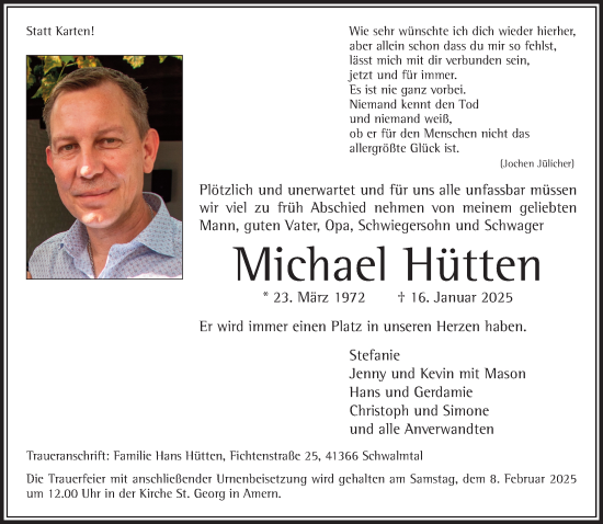 Traueranzeige von Michael Hütten von trauer.extra-tipp-moenchengladbach.de