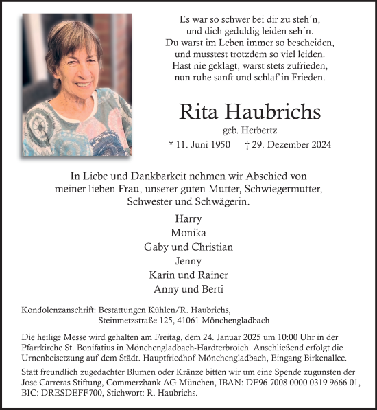 Traueranzeige von Rita Haubrichs von trauer.extra-tipp-moenchengladbach.de