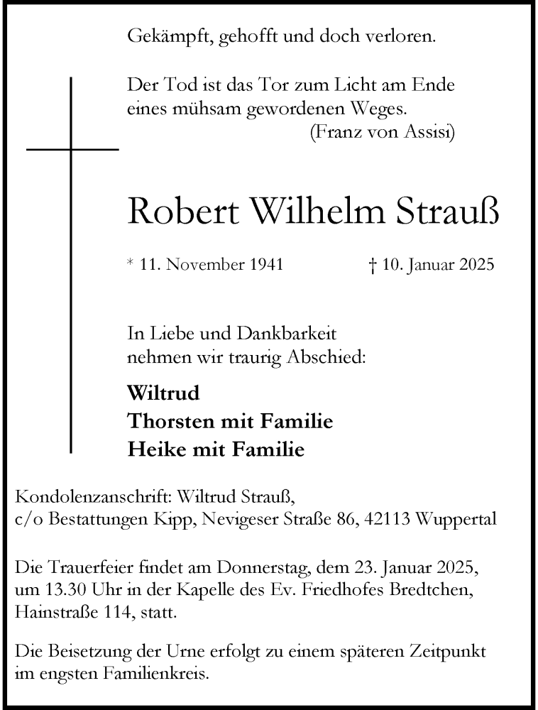  Traueranzeige für Robert Wilhelm Strauß vom 18.01.2025 aus trauer.wuppertaler-rundschau.de