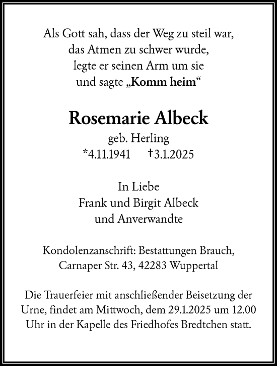 Traueranzeige von Rosemarie Albeck von trauer.wuppertaler-rundschau.de