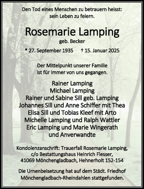 Traueranzeige von Rosemarie Lamping von trauer.extra-tipp-moenchengladbach.de