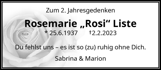 Traueranzeige von Rosemarie Liste von trauer.wuppertaler-rundschau.de