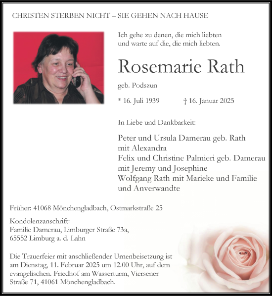 Traueranzeige von Rosemarie Rath von trauer.extra-tipp-moenchengladbach.de