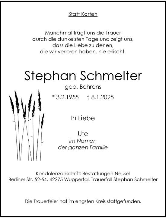 Traueranzeige von Stephan Schmelter von trauer.wuppertaler-rundschau.de