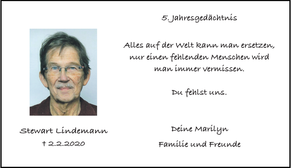  Traueranzeige für Stewart Lindemann vom 01.02.2025 aus trauer.wuppertaler-rundschau.de
