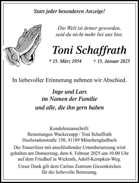 Traueranzeige von Toni Schaffrath von trauer.extra-tipp-moenchengladbach.de