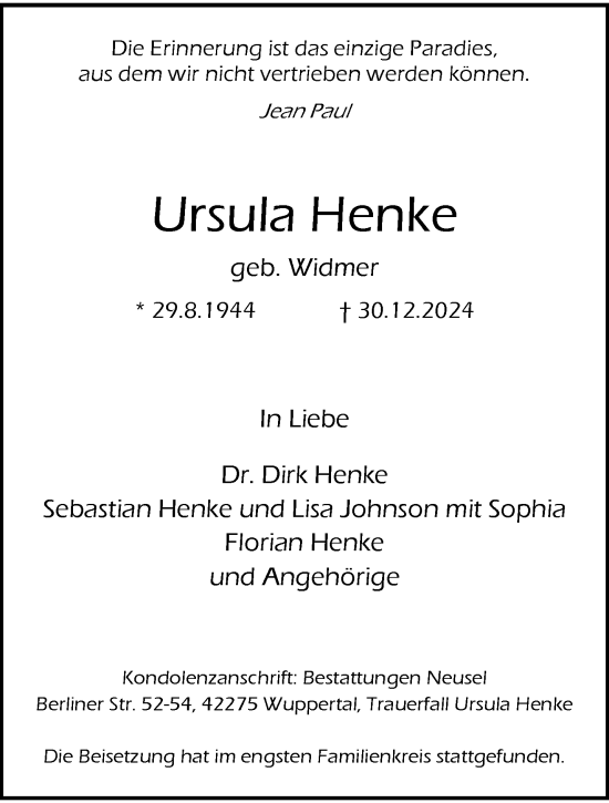 Traueranzeige von Ursula Henke von trauer.wuppertaler-rundschau.de