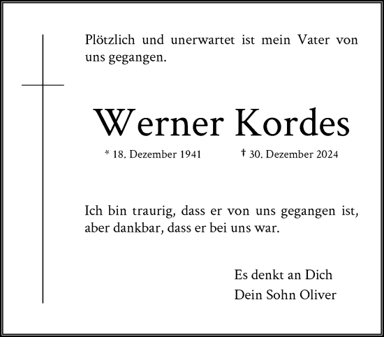 Traueranzeige von Werner Kordes von trauer.duesseldorfer-anzeiger.de