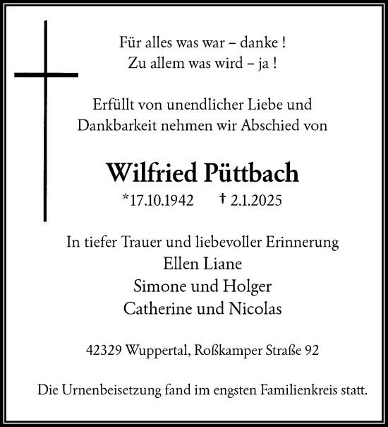 Traueranzeige von Wilfried Püttbach von trauer.wuppertaler-rundschau.de