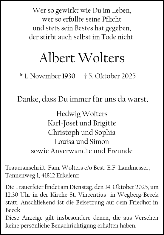 Traueranzeige von Albert Wolters von trauer.panorama-anzeigenblatt.de
