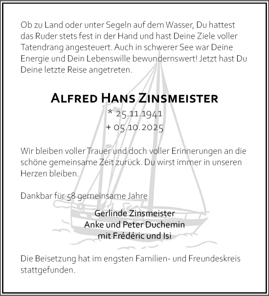 Traueranzeige von Alfred Hans Zinsmeister von trauer.panorama-anzeigenblatt.de