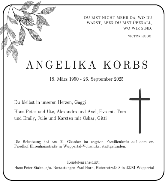 Traueranzeige von Angelika Korbs von trauer.wuppertaler-rundschau.de