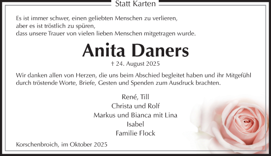 Traueranzeige von Anita Daners von trauer.panorama-anzeigenblatt.de