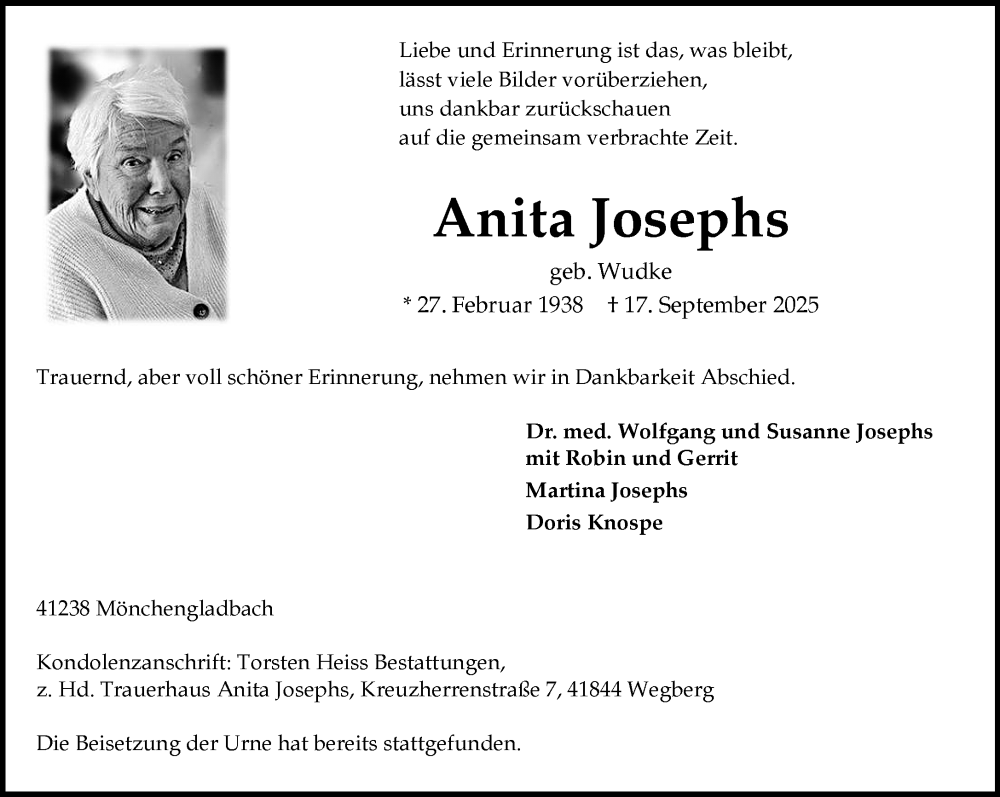  Traueranzeige für Anita Josephs vom 12.10.2025 aus trauer.panorama-anzeigenblatt.de