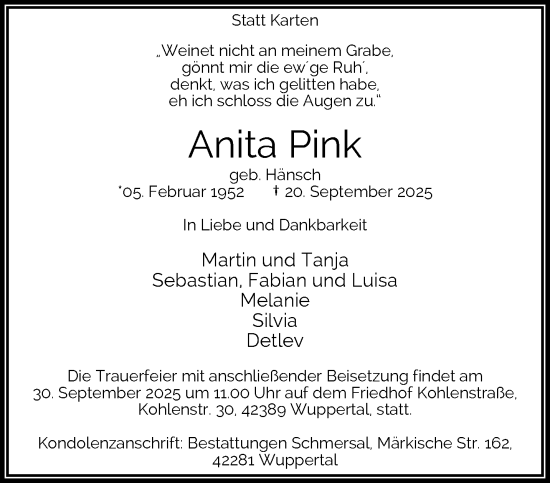 Traueranzeige von Anita Pink von trauer.wuppertaler-rundschau.de